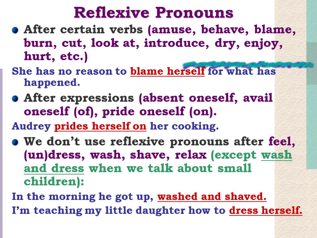 Reflexive Pronouns After certain verbs (amuse, behave, blame, burn, cut, look at, introduce, dry,